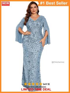 Plus Size Long Sleeve Sequin Mermaid Gown V-Neck Formal Evening Dress